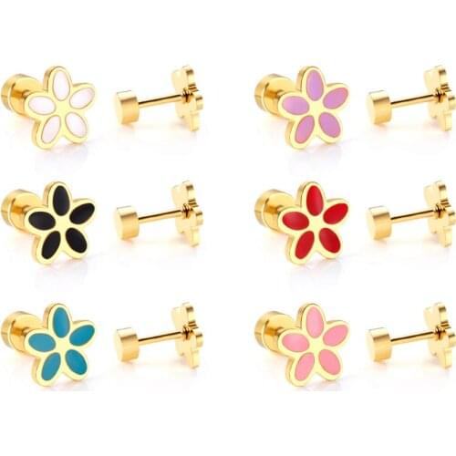 LUXUKISSKIDS12pairs/Lot 8mm Flower Jewelry Stainless Steel Earrings For Women Gold Screw Back Stud Earring brincos