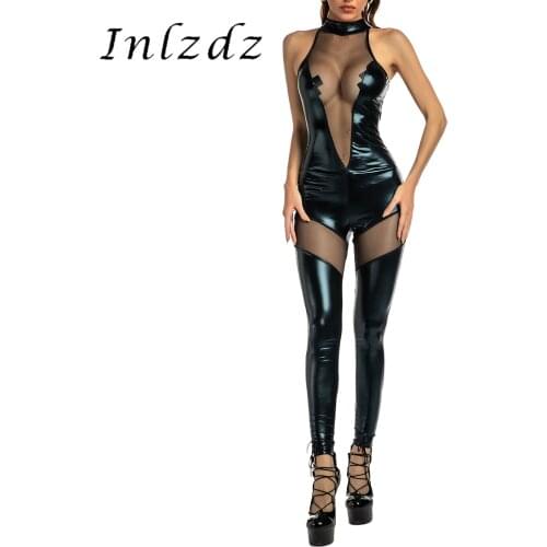 Lingerie See Through Bodysuit Womens Sexy Party Rave Clubwear Halter Mesh Jumpsuit Patent Leather Stage Show Sleeveless Catsuit