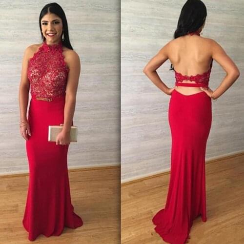 20120 New Red Lace Appliques Prom Dresses Halter Sleeveless Hollow Backless with Belt Sheath Evening Gowns Free Shipping