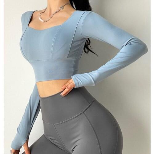 Autumn New Womens Yoga Shirts With Chest Pad Sexy Square Collar Tight Quick-Drying Running T-shirt Long Sleeve Sports Crop Top