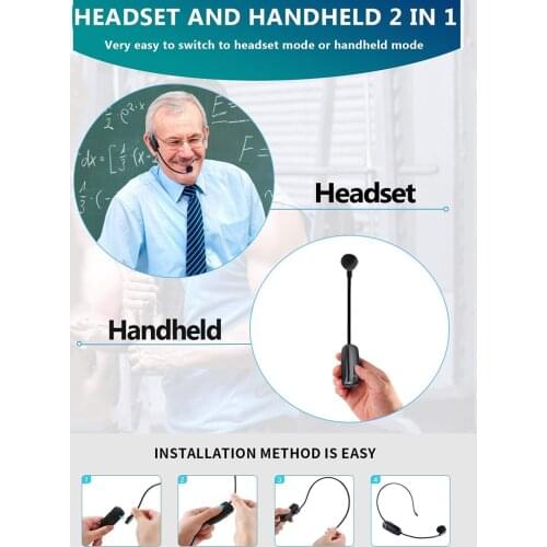 New 2 in 1 Handheld UHF Wireless Microphone Professional Head-Wear Mic Volume Amplifier for Speech Teaching