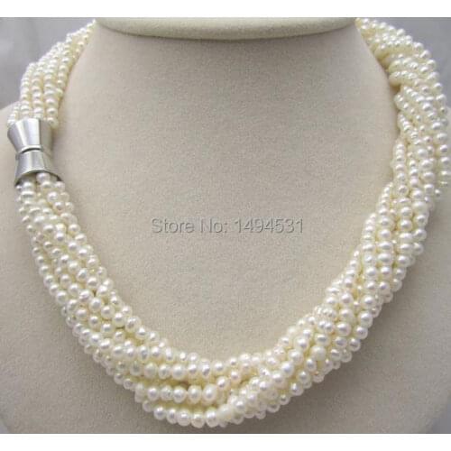 White Freshwater Seed Pearl Necklace Multilayer 3-4mm Twist Chockers Necklace For Women Jewelry Magnet Clasp 100% Real Pearl