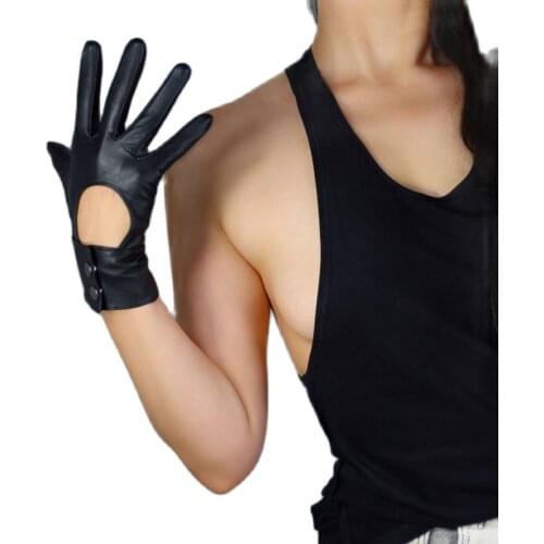 Real Leather Gloves Female 25cm Pure Sheepskin Black Hollow Button Backless Slim Women Leather Gloves Touch Screen ZP42