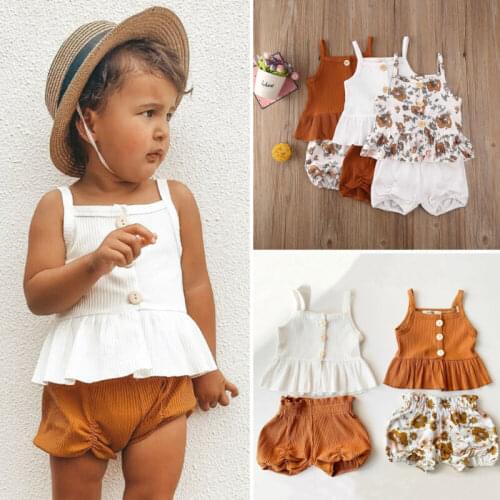 Pudcoco 2Pcs Kids Baby Girl Clothes Sleeveless Button Ruffles Tops Dress Flower Shorts Pants Outfit Summer