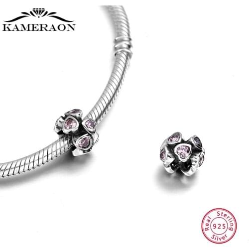 925 Sterling Silver Beads Heart Shaped Pink CZ Zircon Bead Charm For Bracelet Necklace Valentines Day Gift