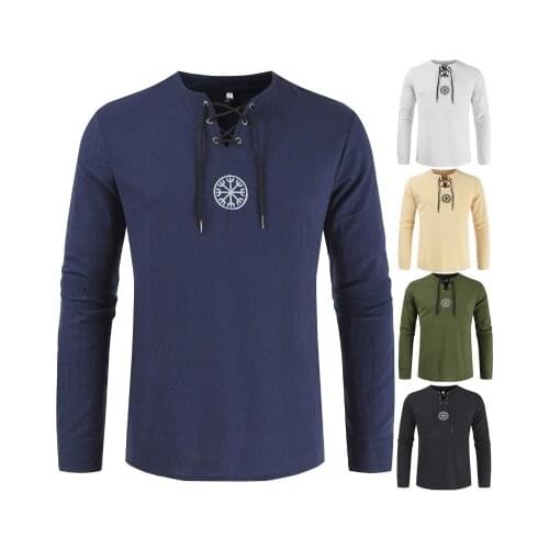 Medieval costume Viking Pirate Linen Top Shirt Costume Renaissance Mens Nordic Retro T-shirt Beard Cosplay Tee Lace-Up For Adult