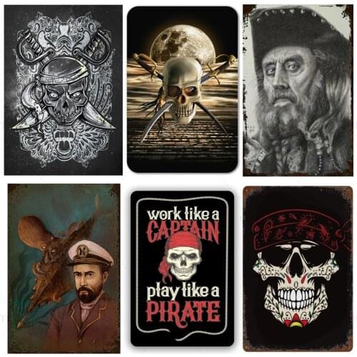 Pirate Captain Skull Vintage Tin Sign Wall Art Hanging Metal Poster Iron Plate Retro Plaque for Club Bar Pub Home Decoration