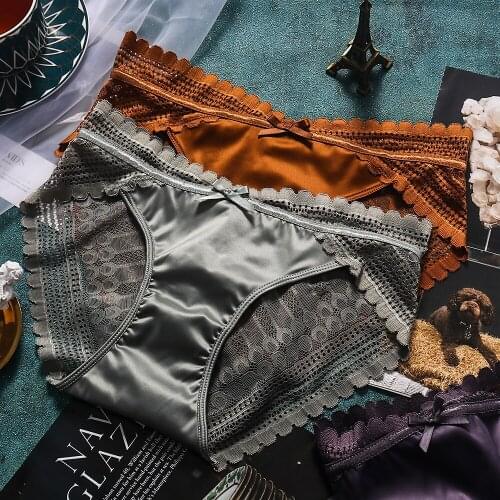 Amazing Seamless Womens Panties French Style Lace Splicing Perspective Attractive Underwear Skin-Friendly Ice Silk Underpants