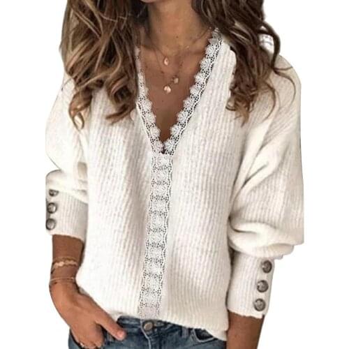 Women Blouse Solid Color Long Sleeve V Neck Lace Patchwork Knitwear Pullover Blouse Office Work Blouse Vintage Blouse Shirts