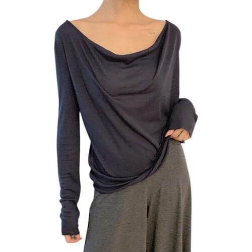 Autumn T-Shirt Women Casual Solid Color Loose Versatile Full-Sleeved Lazy Style Slash-Neck Design Sense Top