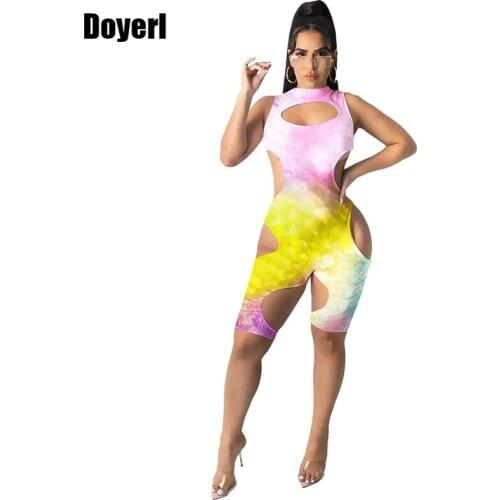 Hollow Out Sexy Tie Dye Jumpsuit Women Summer Romper Shorts Party Night Club Jumpsuit Bodycon Bandage Short Playsuit Overall