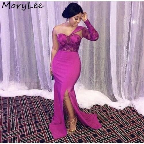 Sexy Bridesmaid Dresses One Shoulder Floor Length Sweep Train Side Slit Silk Satin Lace Wedding Party Bridemaid Dresses