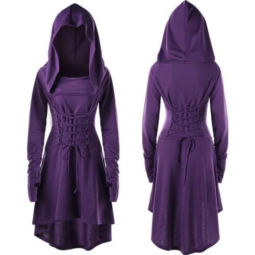 &35 Women Plus Size Dress Costumes Lace Up Hooded Vintage Pullover High Low Bandage Dress Cloak Summer Dress 2019 Sukienka