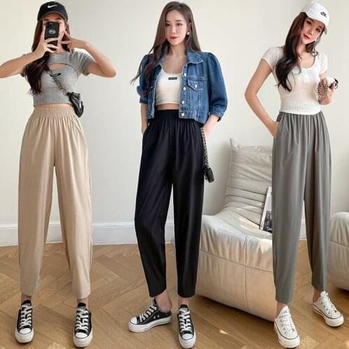 Real Shot Ice Silk Quick-Drying Womens Summer Autumn Thin Nine-Point Sports Pants Harlan Loose High-Waist Casual Pants