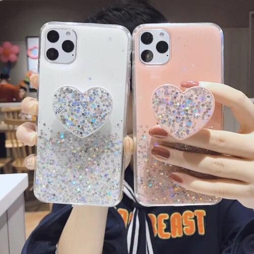 GIMFUN Bling Glitter Candy Love Heart Phone Case for Iphone 12 11 Pro Max 6s 7 8plus Xs Xr Max Clear Stand Holder Soft Tpu Cover