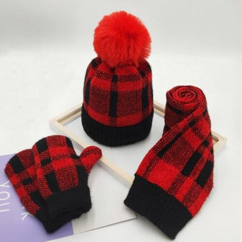 Kids Winter Hat Scarf Glove Set Fleece Lined Girls Beanie Gloves Plaid Scarves 3 Piece Set Fashion Winter Accessories