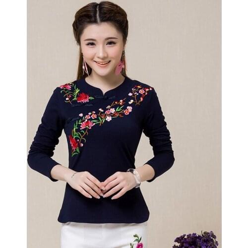 2021 Spring Summer Ethnic Tunic T Shirt Women Tops Soft Casual Embroidery Vintage Chinese Style Womens T-shirts tee shirt femme