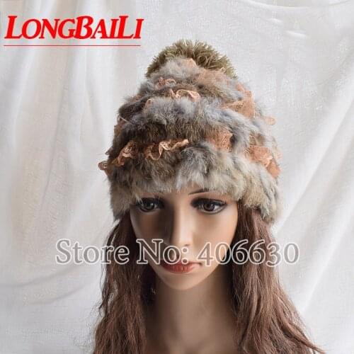 LongBaiLi Quality Fashion Winter Laced Rabbit Fur Knitted Hat Women Warm Beanies Caps Skullies KT053