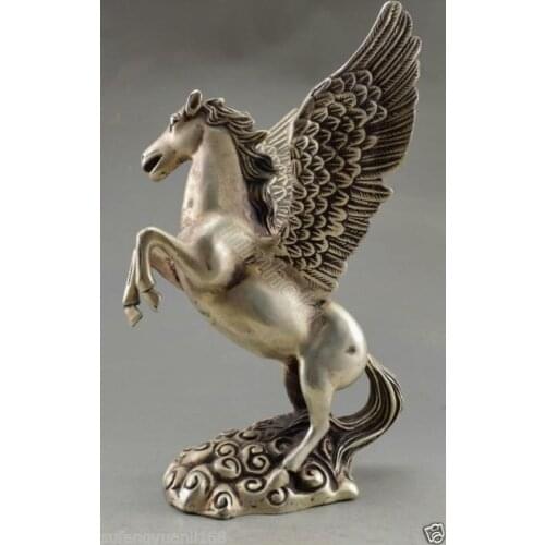 Collectible Decorated Old Handwork Tibet Silver Carved Big Horse Flying Statue