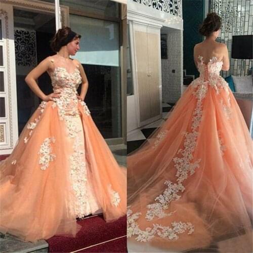 Coral O-neck Applique Lace Tulle Prom Dresses With Detachable Train Evening Dresses Woman Party Night Abendkleider