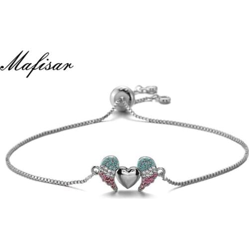 Mafisar Fashion Heart & Wing Charm Bracelets For Women Girl Adjustable Copper Chain Bracelet Colourful Zirconia Jewelry Femme