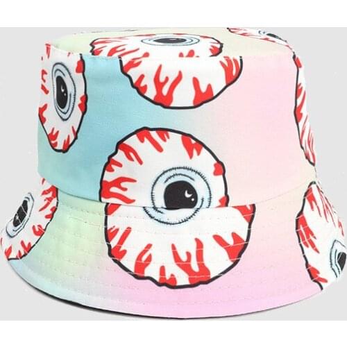Cartoon Womens Fishermans Hat Cute Big Eyes Printed Bucket Cap Cotton Japanese Style Double Side Sun Cap Girl Fishermans Hats