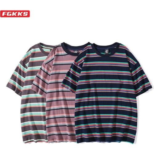 FGKKS Oversize Hip-Hop Casual Fashion T-Shirt Male Cotton Short Sleeve Stripe Tee Men Summer Streetwear Harajuku T Shirt
