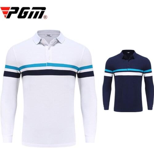 PGM 2021Mens Autumn Cotton Golf Striped T-Shirt Winter Long Sleeve Man Button Up Golf Shirt Apparel Warm Comfortable Sport Wear