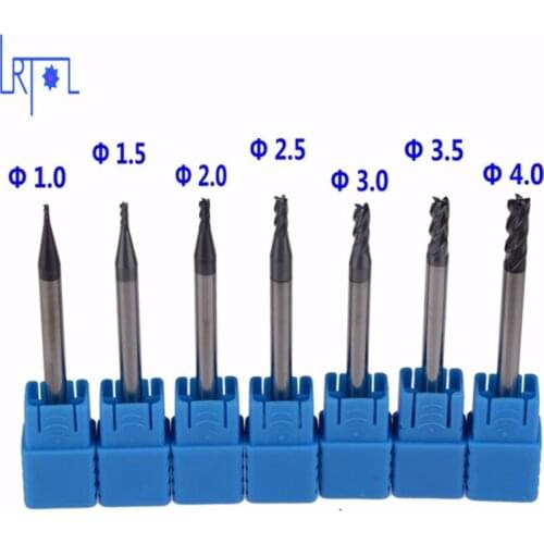 7Pcs HRC45 Four 4 Flutes 1 1.5 2 2.5 3 3.5 4*50 Micro Solid Carbide Flat End Mill Set CNC Milling Cutter Bits For Steel Milling