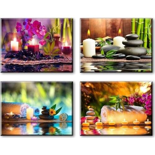Wall Art Canvas painting home decor Zen Art Decor SPA Stone Green Bamboo Purple orchid Pictures 4 Panels Modern Prints No Frame