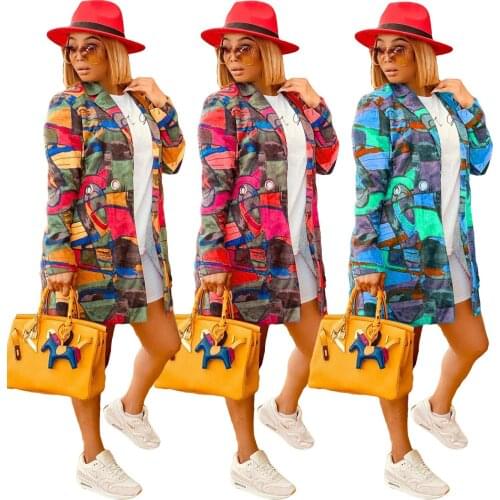 The New Fashion Graffiti Print Long Coat Womens Lapel Collocation Long-sleeved Casual Long Windbreaker Jacket Autumn And Winter