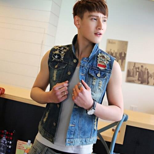Wholesale 2020 Fashion street Casual teenagers Sleeveless denim jacket mens spring autumn Korean slim embroidery tooling vest