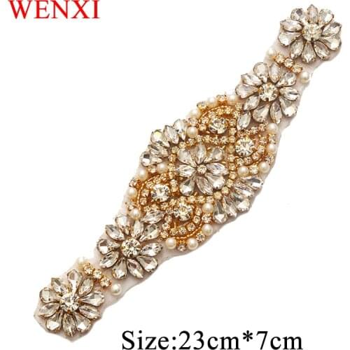 WENXI 5PCS Wholesale Clear Rose Gold Rhinestones Appliques With Beads Sew On Wedding Dress Sash Accessory