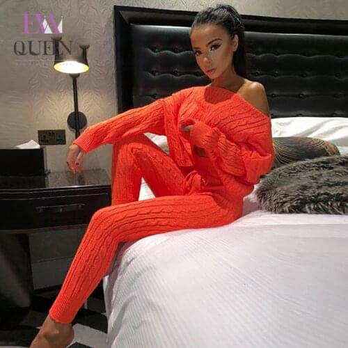 EvaQueen Autumn Winter Sweater Knitted 2 Piece Set Women Slash Neck Crop Tops And Long Pants Sexy Two Piece Set 2019 Outfits