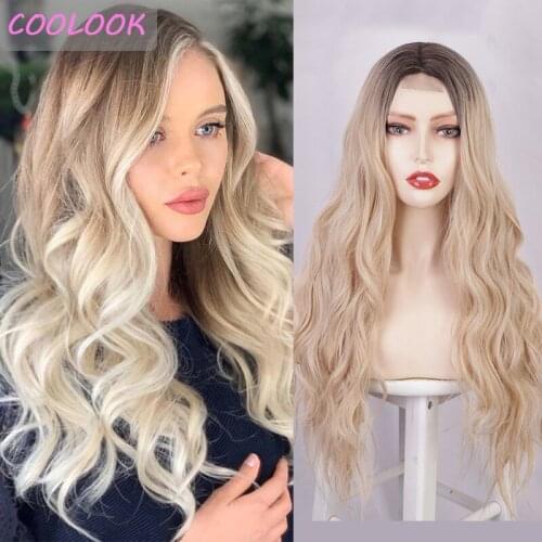 Ombre Blonde Body Wave Part Lace Wigs Natural Wavy Blonde Wigs for Women 24'' Synthetic Ocean Wave Lace Front Wig Peruca Cosplay