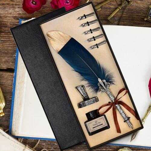 1 Set Vintage Calligraphy Feather Dip Pen + 5 Nib Writing Ink Quill Fountain Pen Colorful Retro Stationery Gift Students Present