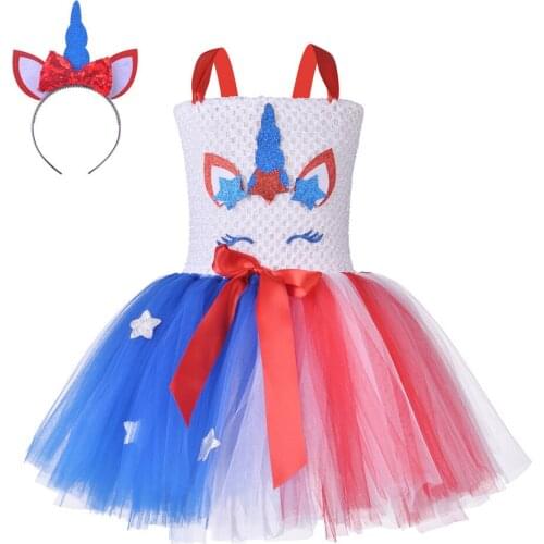 Red Blue White Girls Unicorn Tutu Dress With Bow Hairband Independence Day 4th Of July Costume For Kids Carnival Party Dresses