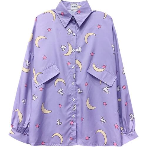 Japanese Sweet Cartoon Moon Rabbit Print Shirts Women Kawaii JK Blouse Girls Harajuku Cute Loose Long Sleeve Oversized Tops Fall