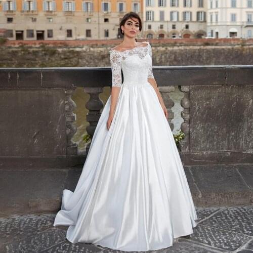 Half Sleeves Off the Shoulder Wedding Dresses 2020 Top Lace Appliques vestido de noiva White Ivory Satin Wedding Party Dress