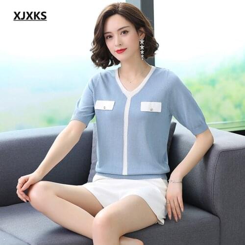 XJXKS 2021 Summer New Fashion V-neck Women T-shirt Comfortable Casual Thin Knitted Top Women Short Sleeve T-shirt
