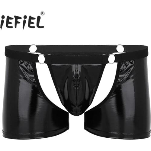 Sexy Gay Mens Hot Panties Lingerie Wetlook Faux Leather Cut Out Bulge Pouch Low Rise Boxer Shorts Underwear Dance Show Clubwear
