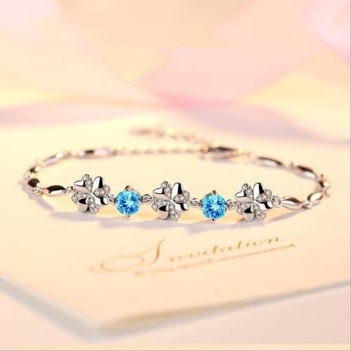 Trendy Silver 925 Women Bracelets Jewelry Female Shiny Crystal Clover Bracelet Girl Princess Birthday Gift Lady CZ Bangles Bijou
