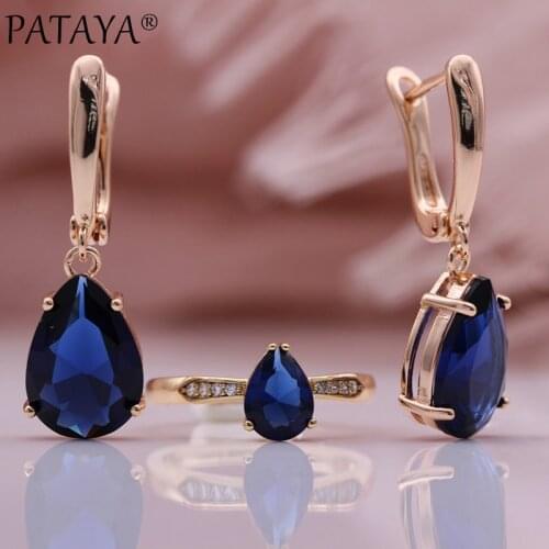 PATAYA New Dark Blue Water Drop Earrings Ring Set 585 Rose Gold Women Natural Zircon Fashion Jewelry Wedding Romantic Bridal Set