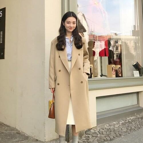 Korean style suit windbreaker coat womens middle long knee length solid color double breasted temperament versatile