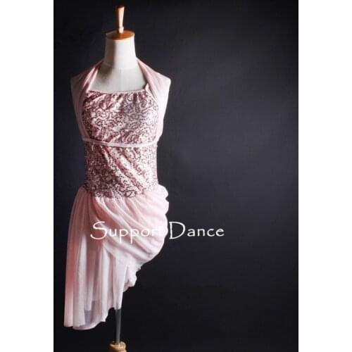 Girls Sequin Chiffon Latin Dress Women Pink Contemporary Performance Costume Support Dance C333