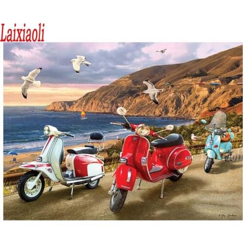 5D DIY Diamond Painting Cross Stitch Electric motorcycle, seagull Full Diamond Embroidery Rhinestone Seaside scenery Mosaic art