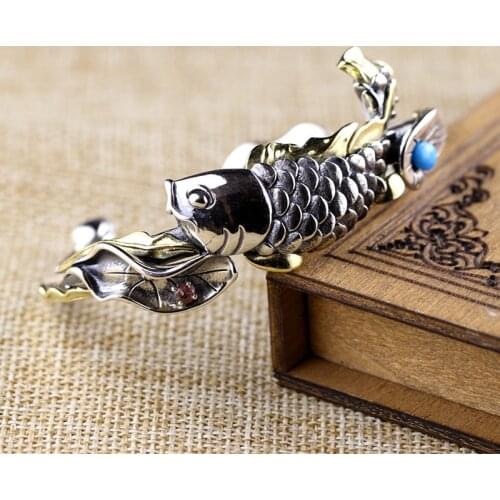 925 Sterling Silver Fish Lotus Women Bracelet Bangle Fashion Tuiquoise Gemstone Thai Silver Jewelry Lotus Flower Animal Bangle
