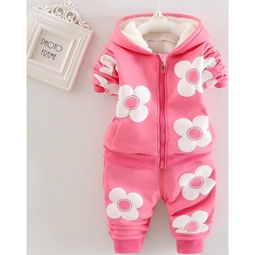 Winter Children Boys Girls velvet Clothing Fashion Sets Baby flowers Hooded Jacket Pants 2Pcs/sets Infant Add Cotton Tracksuits