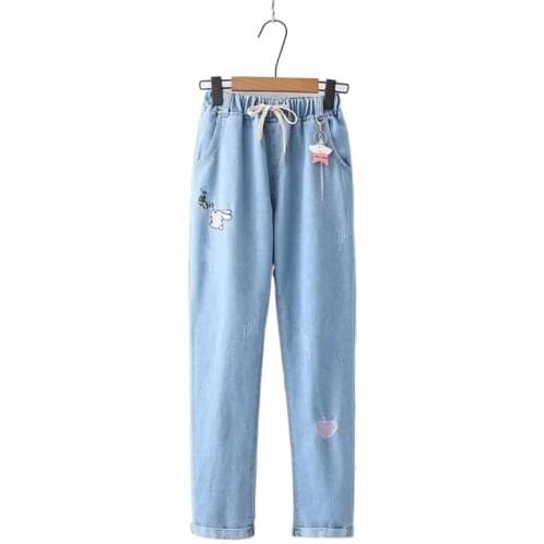 Harajuku Denim Pant Cute Carrot Rabbit Embroidery Elastic Waist Loose Casual Jeans Womens Feet Pants Trousers 2113427