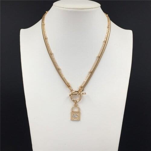 Elegant Gold Color Plating Clear Stone Heart Shape Lockpad Pendant T Bar O bar Enclosure Necklace For Women Jewelry Accessory